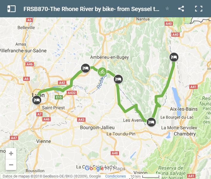 Map cycling route Rhône river- from Seyssel to Lyon