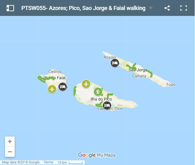 Map walking routes in Pico, Sao Jorge and Faial islands