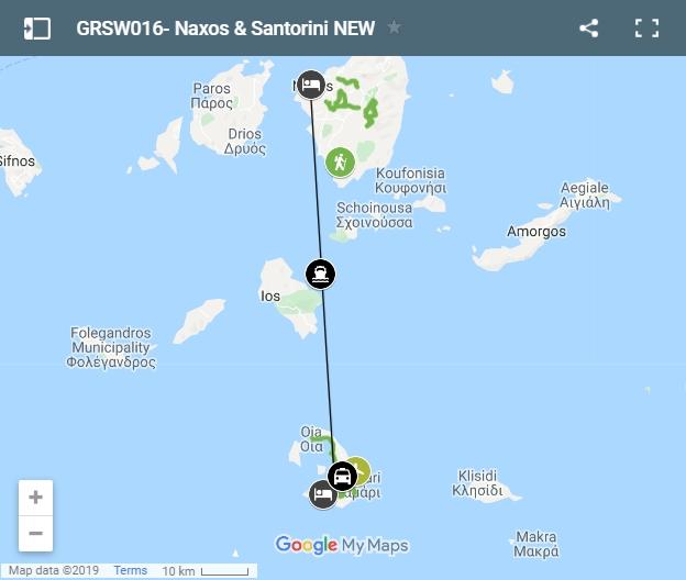 Map walking routes in Naxos and Santorini