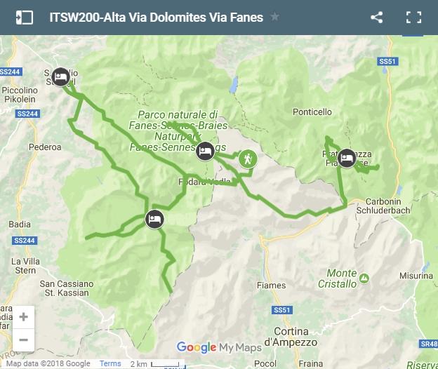 Map walking routes Alta Via Dolomites via Fanes & Sennes
