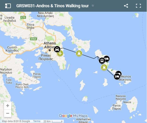 Map walking routes Andros and Tinos