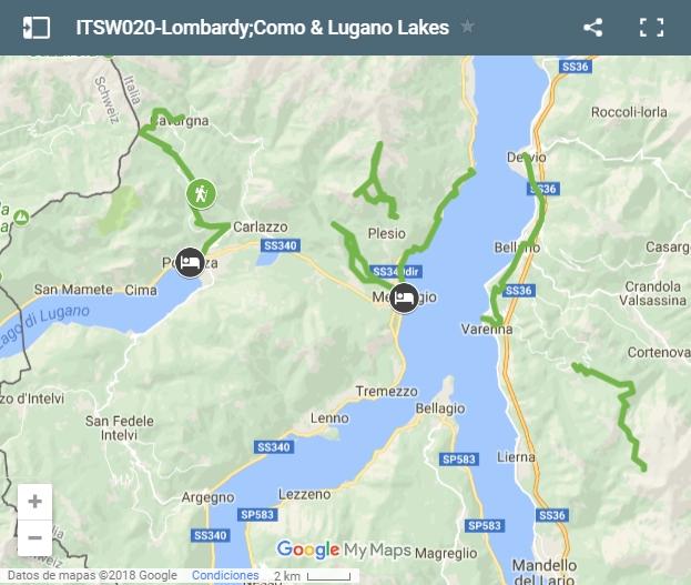 Map walking routes Lake Lugano and Lake Como