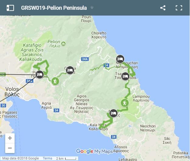 Map trekking routes in Pelion Peninsula